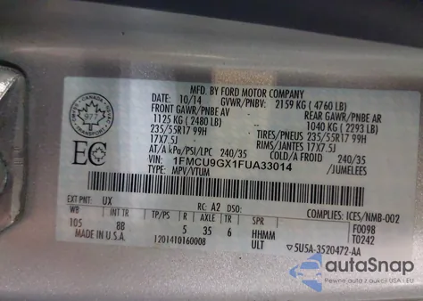 2015 Ford Escape Se z USA, uszkodzony, nr VIN 1FMCU9GX1FUA33014